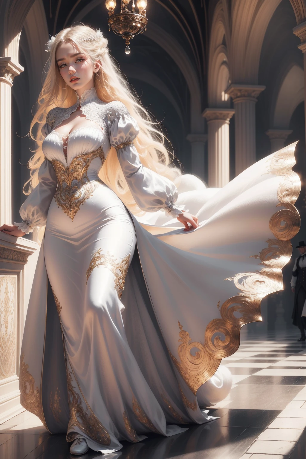 (Masterpiece - Ultra-detailed, very high resolution) Prepare to be enchanted by a true masterpiece that combines ultra-detailed art with high-resolution rendering. This work depicts a mesmerizing woman with very long blond hair (1.3) and captivating gray eyes (1.2), emanating an aura of elegance and mystery in Victorian settings. The intricate details and realistic textures invite you to explore every aspect of this enchanting composition. Woman wearing beautiful classic Victorian costume from the year 1878. Red lips. Happy face. Smiling. white (white) dress. Walking, backwads, looking back, upper body, dynamic poses. Get ready to dive into a world where beauty and craftsmanship merge perfectly.