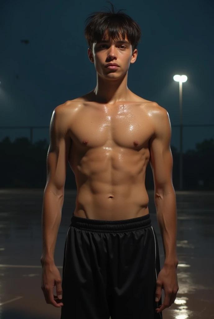 Raise a white-skinned ager, straight, dark hair, defined body, wearing short black ball playing shorts, wearing no shirt, sweating after playing ball at night