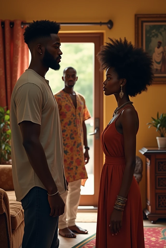 Generate an image of a black young handsome man and a very young beautiful lady with Afro walking into a living room towards an older black African man of about 40 years in the background introducing her to the man. Let it be realistic and real