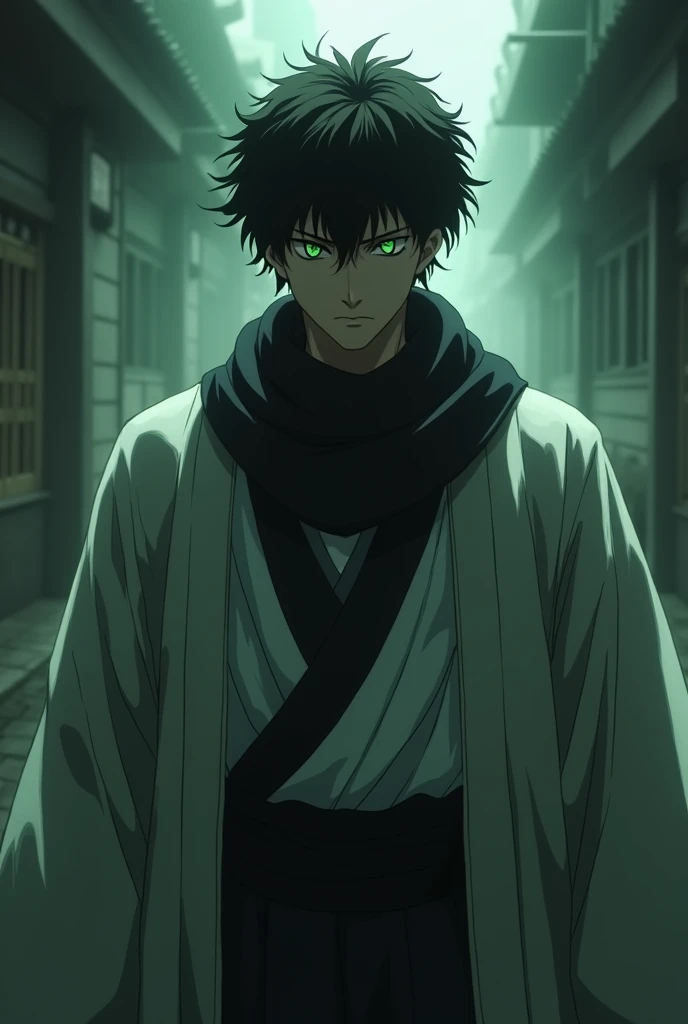 tasiho period Japanese man, dark aesthetic, moody, eerie, aura, menacing, intimidating, overwhelming presence, spiritual pressure, cool guy, stern look, short curly black hair, four green eyes, black scarf, white haori, black undershirt