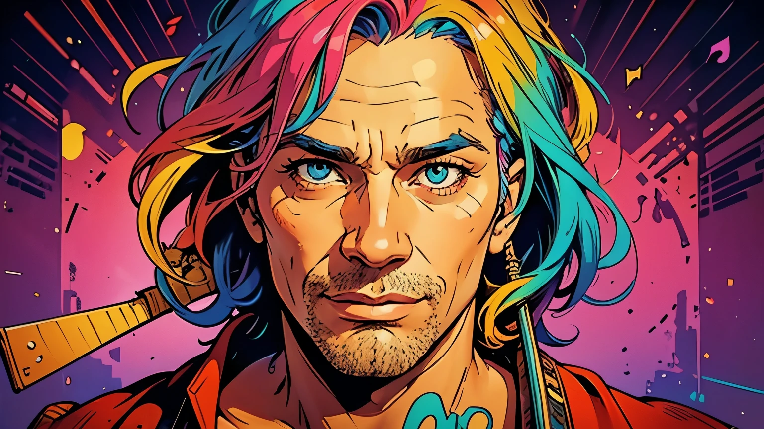 portrait of a crazy man's face with musical instruments around him and the letter C written in the background, vibrant and psychedelic colors