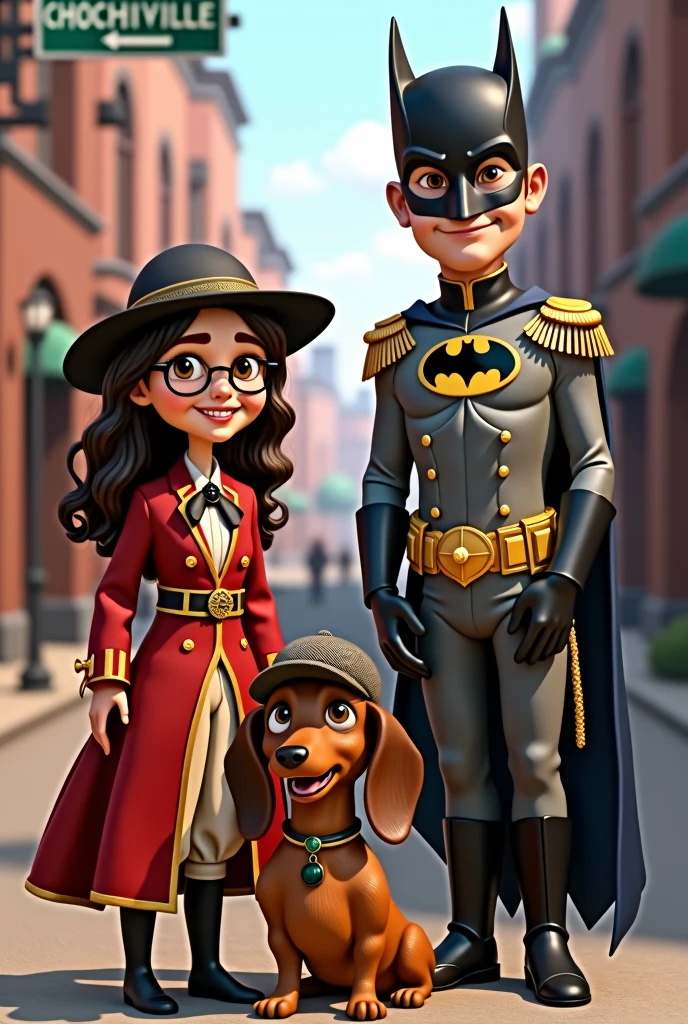 A brunette girl with wavy hair and round glasses dressed as Napoleon Bonaparte with his hat, smiling next to a young man with short brown hair dressed as Batman, and a Dachshund dog dressed as Sherlock Holmes posing with his family in an early 20th century industrial city with a sign pointing to “Chochiville” street. All with a style based on Disney Pixar drawings.