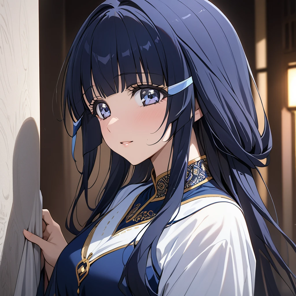 ((Highest quality)), ((masterpiece)), (detailed), （Perfect Face）、The woman is Aoki Reika, with midnight blue, medium-long hair and wearing an Arabic traditional costume.