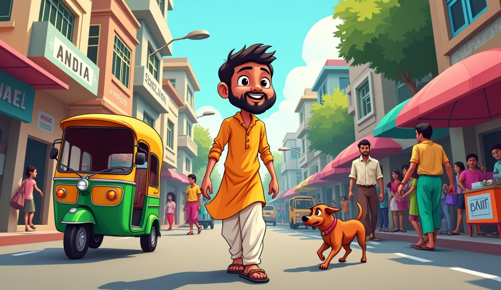 An Indian man walking in the city of Mumbai, India, make this image into a cartoon.