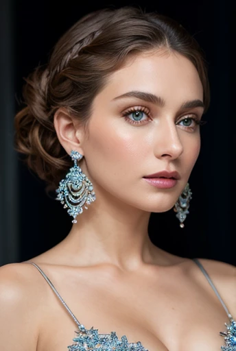 (masterpiece, best quality), intricate details, realistic, photorealistic, a close up of a woman wearing earrings, inspired by Emma Andijewska, draped in crystals, silver color, long earrings, sandra chevier, huge earrings, 2019, blue-eyed, platinum jewellery, earring, flawless structure, silver earring,  full body, cleavage