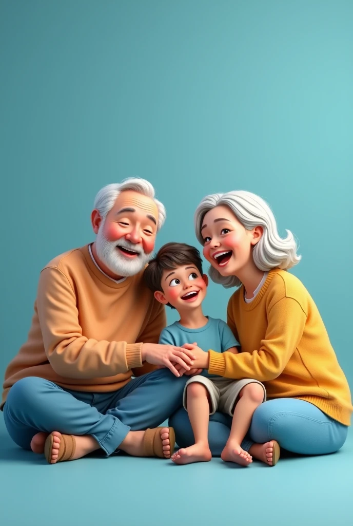 Grandparents and grandchildren sitting on blue background