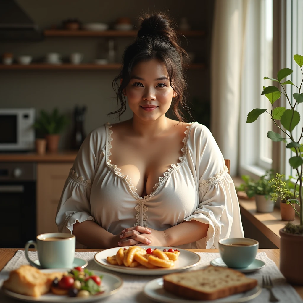 a beautiful malay woman, plump, natural big breasts, huge breasted, wear sleepwear, messy tied hair, sit on dining table in the morning with some breakfats and coffee, in the kitchcen, look at the viewer, natural light, realistic photography, wide angle shot, detailed facial features, photorealistic, high quality, 8k, masterpiece, shot from top, shot from above,