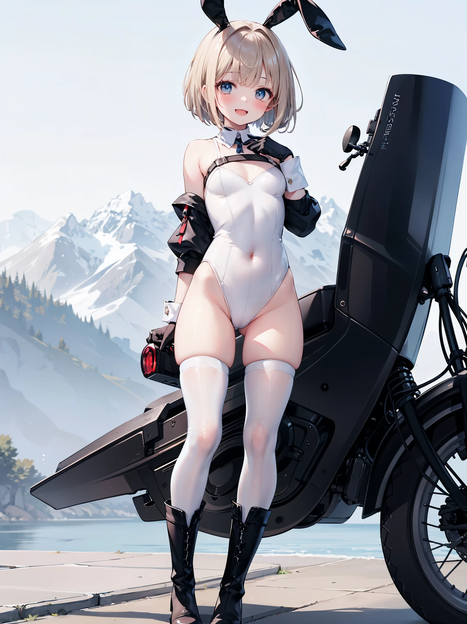 ,ung_teeirl,brown_hair,medium_bob_hair,platina_blond_hair,white_leotard,covered_crotch,thigh-highs,smile,standing,bluesky_landscape_background,slightly_spread_legs,happiness, short_gloves ,solo, r18, navel,relicbuster,short,boots,open_mouth,sitting,knees,blush,shy,bunny_ears,solo