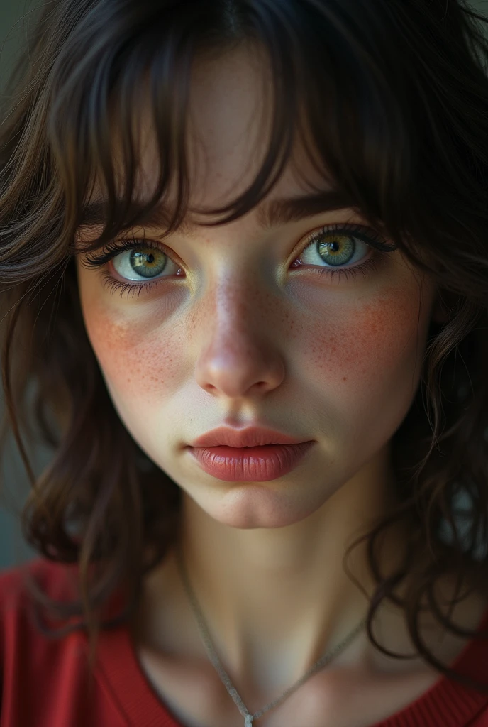 The image depicts the face of a young woman in close-up, capturing an expression that seems to be one of sadness or reflection. Her eyes, which are a light shade of blue-green, are slightly watery, as if she were on the verge of tears. The woman's skin is very realistic, displaying a smooth texture, with several freckles scattered across her nose and cheeks. Her lips are full and pink, slightly parted, and there is a small expression mark between her eyebrows, indicating tension or concern.

Her hair is dark brown, with fine, wavy strands that fall naturally around her face. The light in the image is soft, giving a subtle glow to her skin and hair, and the background is blurred, further highlighting the woman's features. She is wearing a red blouse or sweater and a thin, discreet necklace around her neck. The overall tone of the image is soft and melancholic, with an impressive attention to detail that almost makes the image look like a hyper-realistic painting.