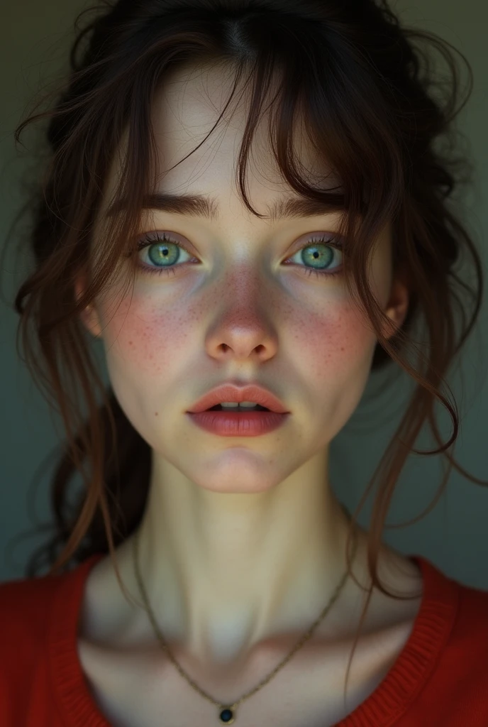 The image depicts the face of a young woman in close-up, capturing an expression that seems to be one of sadness or reflection. Her eyes, which are a light shade of blue-green, are slightly watery, as if she were on the verge of tears. The woman's skin is very realistic, displaying a smooth texture, with several freckles scattered across her nose and cheeks. Her lips are full and pink, slightly parted, and there is a small expression mark between her eyebrows, indicating tension or concern.

Her hair is dark brown, with fine, wavy strands that fall naturally around her face. The light in the image is soft, giving a subtle glow to her skin and hair, and the background is blurred, further highlighting the woman's features. She is wearing a red blouse or sweater and a thin, discreet necklace around her neck. The overall tone of the image is soft and melancholic, with an impressive attention to detail that almost makes the image look like a hyper-realistic painting.