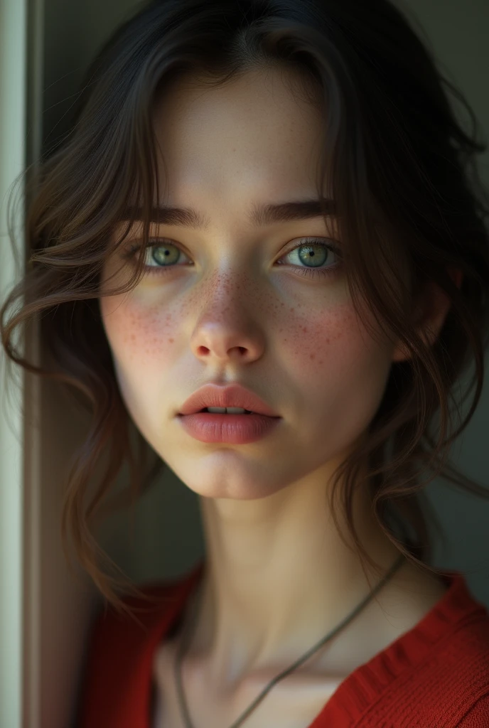 The image depicts the face of a young woman in close-up, capturing an expression that seems to be one of sadness or reflection. Her eyes, which are a light shade of blue-green, are slightly watery, as if she were on the verge of tears. The woman's skin is very realistic, displaying a smooth texture, with several freckles scattered across her nose and cheeks. Her lips are full and pink, slightly parted, and there is a small expression mark between her eyebrows, indicating tension or concern.

Her hair is dark brown, with fine, wavy strands that fall naturally around her face. The light in the image is soft, giving a subtle glow to her skin and hair, and the background is blurred, further highlighting the woman's features. She is wearing a red blouse or sweater and a thin, discreet necklace around her neck. The overall tone of the image is soft and melancholic, with an impressive attention to detail that almost makes the image look like a hyper-realistic painting.