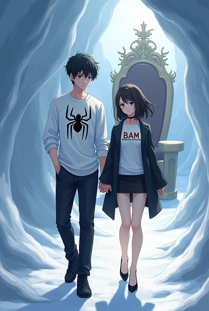1 Japanese man,Age 24,black short hair,White long-sleeved shirt with the words Jeramie Brasieri written on it, with a spider pattern.,Black trousers,black shoes,1 Japanese woman,Age 23,long black hair,White short-sleeved shirt with the words "Bam" written on it.,black coat,black short skirt,black high heels,King's Chair,Snow Cave,Anime