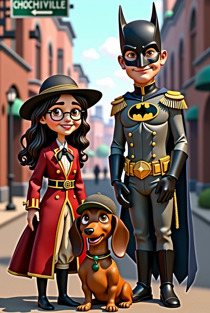 A brunette girl with wavy hair and round glasses dressed as Napoleon Bonaparte with his hat, smiling next to a young man with short brown hair dressed as Batman, and a Dachshund dog dressed as Sherlock Holmes posing with his family in an early 20th century industrial city with a sign pointing to “Chochiville” street. All with a style based on Disney Pixar drawings.