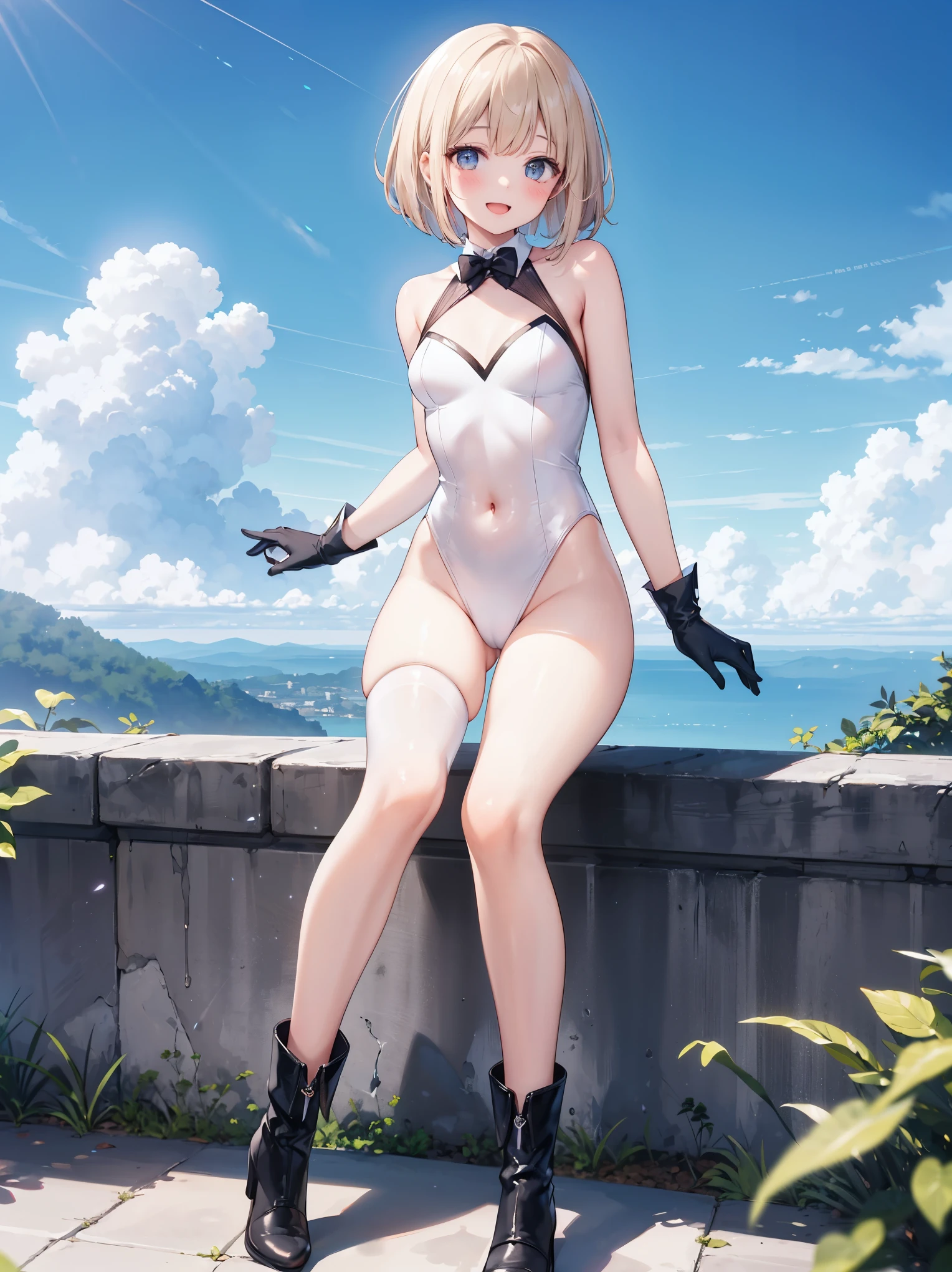 ,ung_teeirl,brown_hair,medium_bob_hair,platina_blond_hair,white_leotard,covered_crotch,thigh-highs,smile,standing,bluesky_landscape_background,slightly_spread_legs,happiness, short_gloves ,solo, r18, navel,relicbuster,short,boots,open_mouth,sitting,knees,blush,shy,bunny_ears,solo