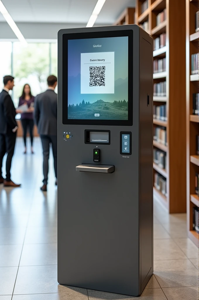 Here’s how to design a library book borrowing kiosk with QR code scanning:
1. **Design of the Library Book Borrowing Kiosk**:
- **Touchscreen Display**: For selecting and confirming book loans.
- **QR Code Scanner**: For scanning QR codes on books or membership cards.
- **Book Slot**: For returning borrowed books.
- **Book Depository**: For depositing borrowed books.
- **Help Button**: To request assistance from library staff.
2. **Usage Process**:
- The user selects the book they wish to borrow.
- The QR code on the book is scanned using the QR code scanner.
- The user reviews the information displayed on the touchscreen.
- The loan is confirmed via the touchscreen.
- The system records the loan and prints a receipt (if applicable).
This design facilitates a more streamlined and user-friendly borrowing and returning process.