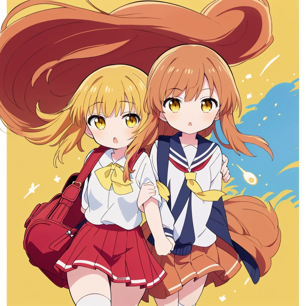 1girl,(((Perfect Anatomy、Highest quality、Masterpiece、Official Art、Super detailed、Dynamic structure、Anime Style)))、Elementary school students、Redワンピースで腰回りに黄色の大き目のボタン、White Y-shirt、Red🎀、White knee-high socks、Brown Loafers、Carrying a red backpack、Recorder is visible from the school bag、Being buffeted by strong winds、Image from above、Strong wind blowing from the viewer's side、Strong wind blowing from the direction of travel, hair blowing back、Yellow simple background、