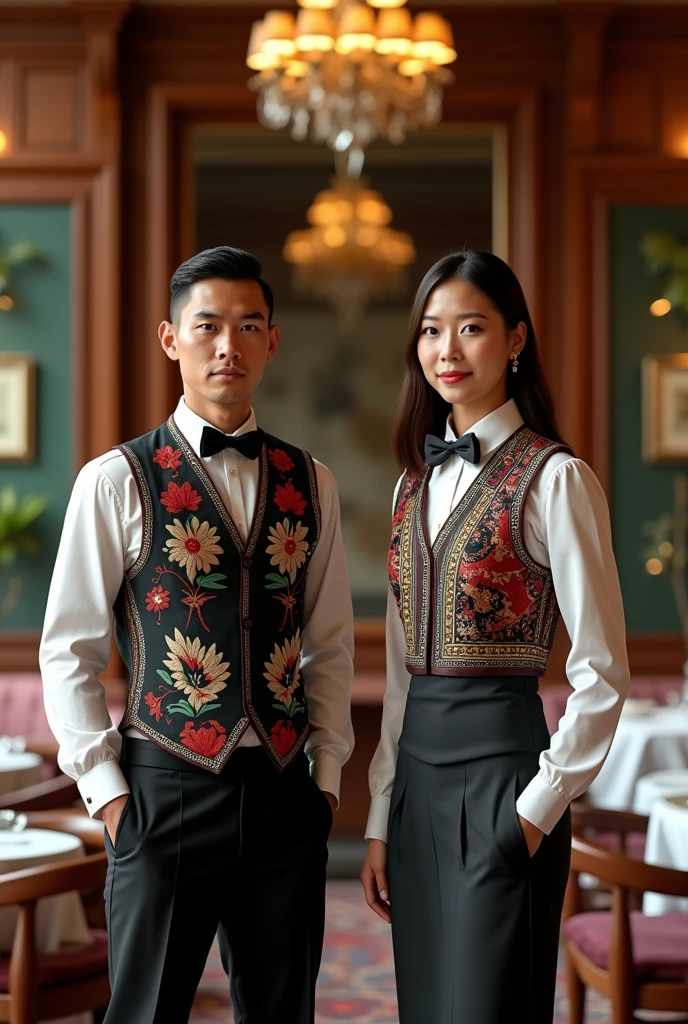 Waiters in elegant uniforms with Peruvian references