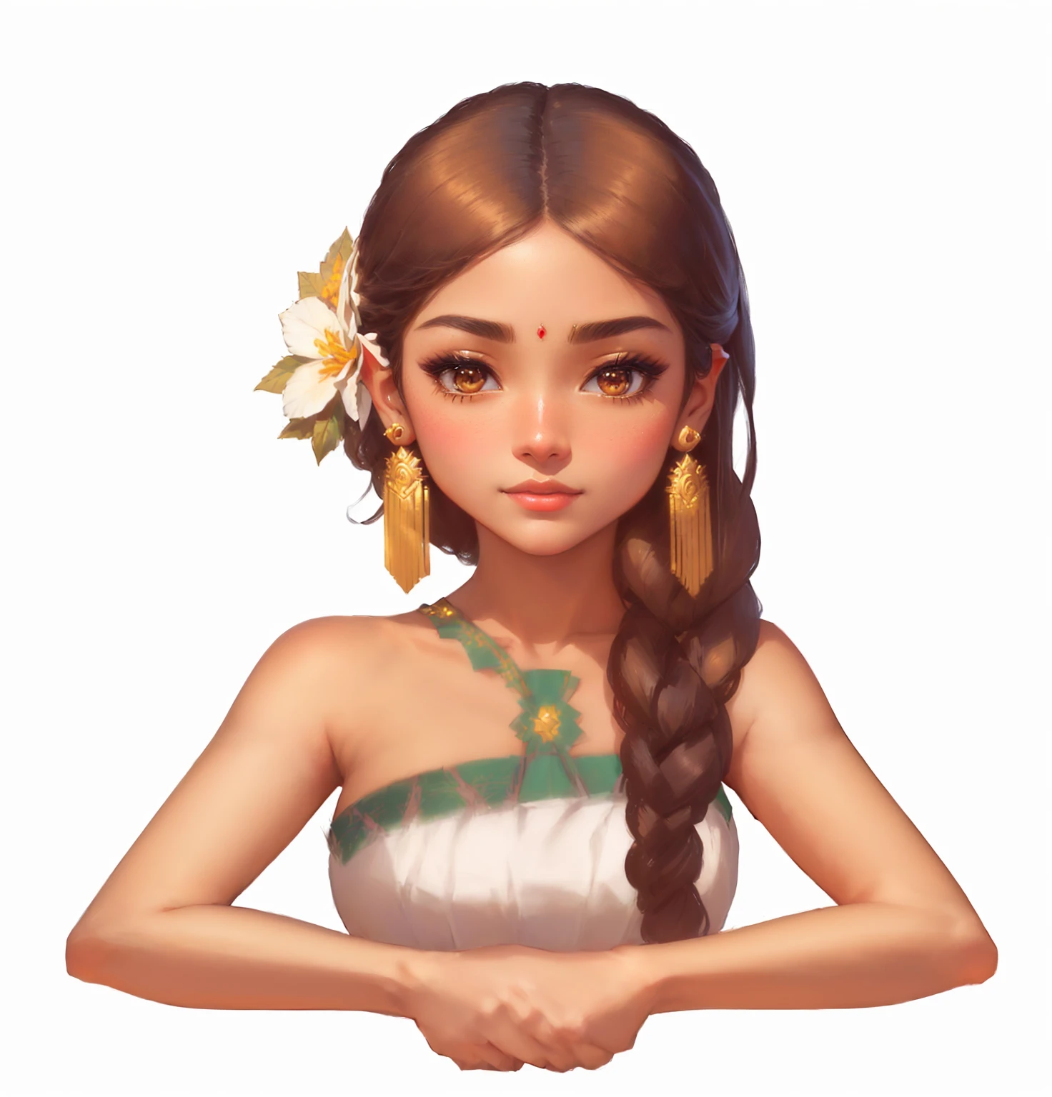 Close-up of a lady with a flower in her hair, Portrait of a Modern Darna, Rendering a cute 3D anime girl, aztec princess portrait, April Rendering, Anime Thai girl, stylized portrait formal pose, A rendering of Mirabelle Madrigal, Beautiful and elegant female elf, very detailed character, Realistic Maya, indian girl with brown skin