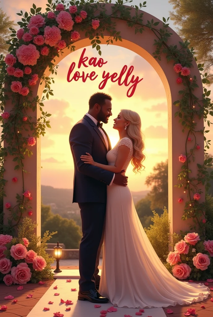 Make a picture of a fat black man and a short, white beautiful woman getting married with a romantic background with the words written above kao love yelly