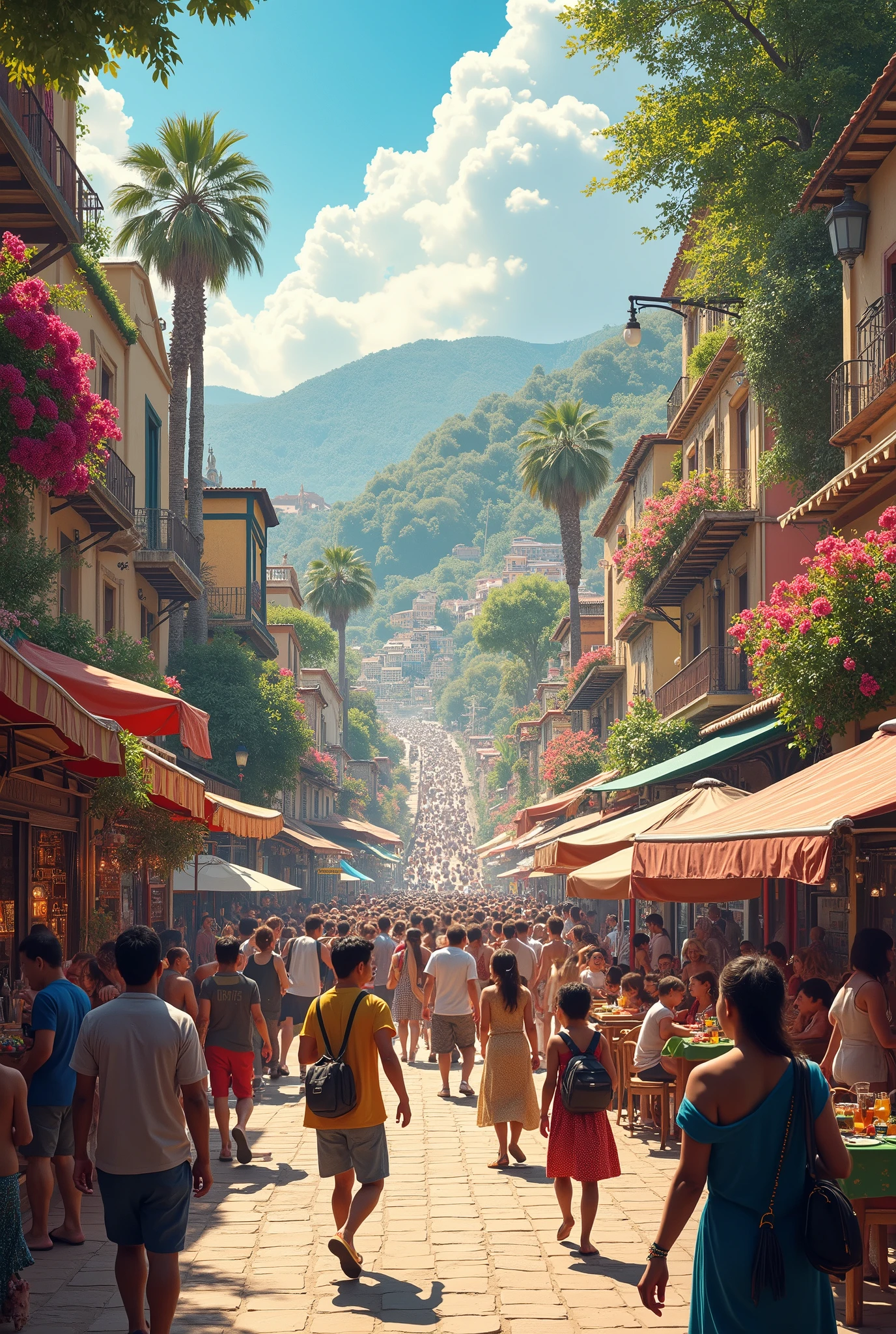 The image depicts a vibrant, bustling world, where people of all ages, races and cultures gather in bustling streets and squares full of life. You can see groups of friends laughing together, families walking and couples enjoying each other's company.
The streets are filled with colorful markets, where vendors sell their local products and artisans display their works. In parks, children run and play, while in cafes and restaurants, people gather to enjoy good food and conversation.
In this world full of people, there is a contagious energy of diversity and human connection. Each person brings their own history and uniqueness, creating a unique and fascinating mosaic of humanity.
General shot, Style raw -ar 16:9.