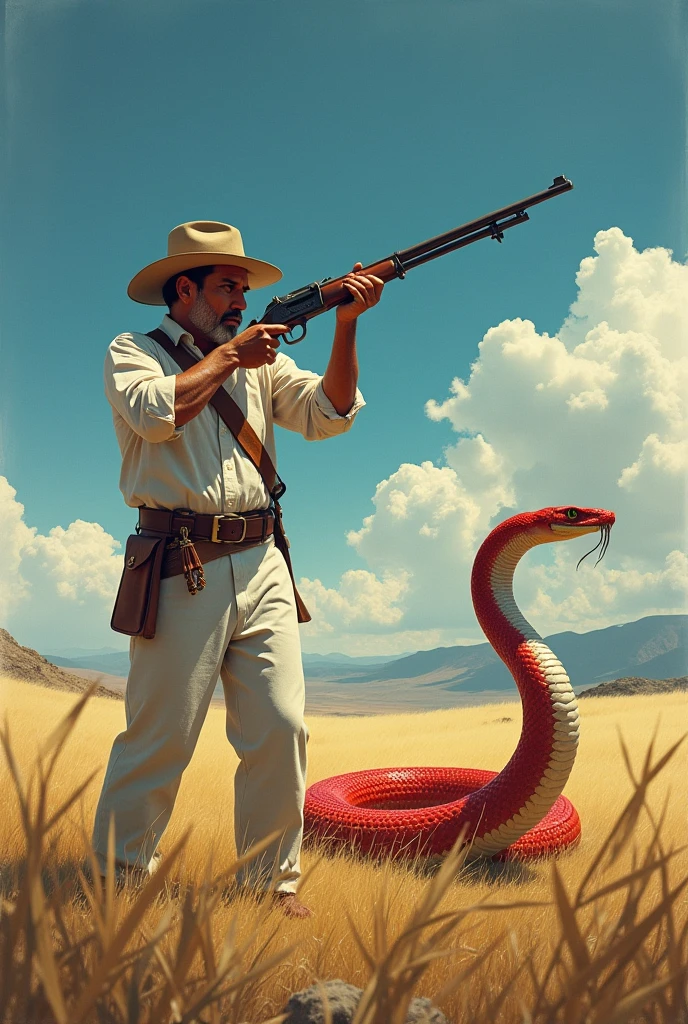 Make me a propaganda photo of a Venezuelan plainsman dressed in white striking a red snake with his 1900&#39;s rifle 