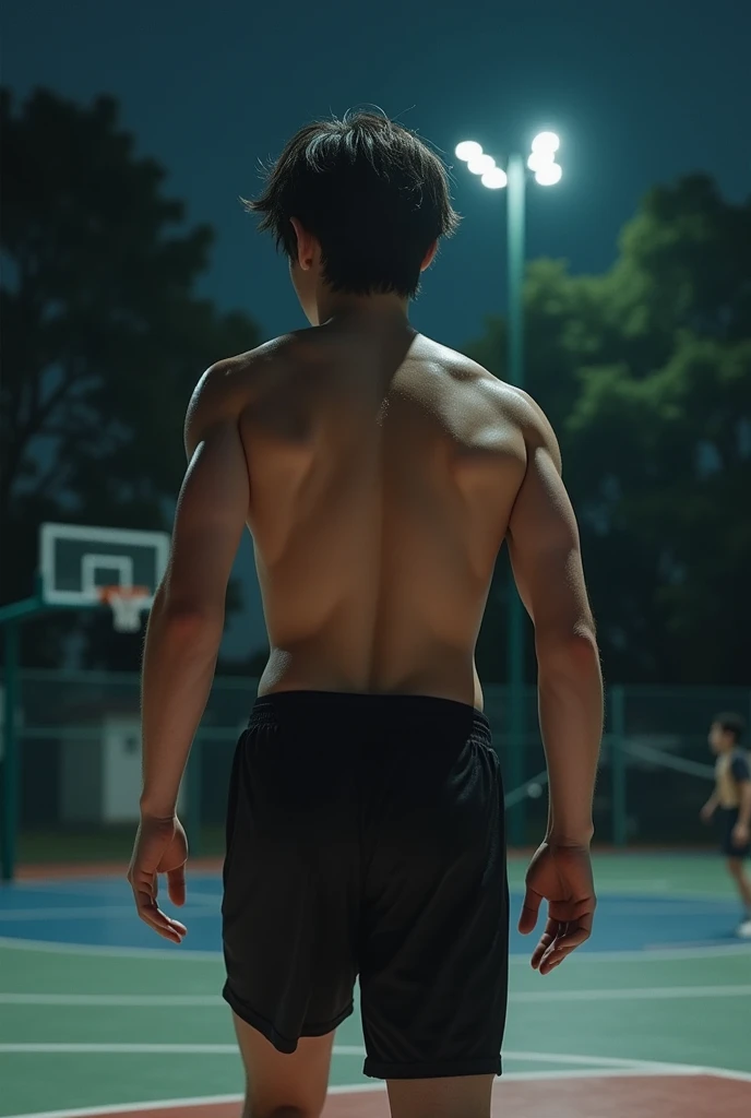 Raise a white-skinned teenager, straight, dark hair, defined body, wearing short black shorts to play ball, wearing no shirt, sweating after playing ball at night
