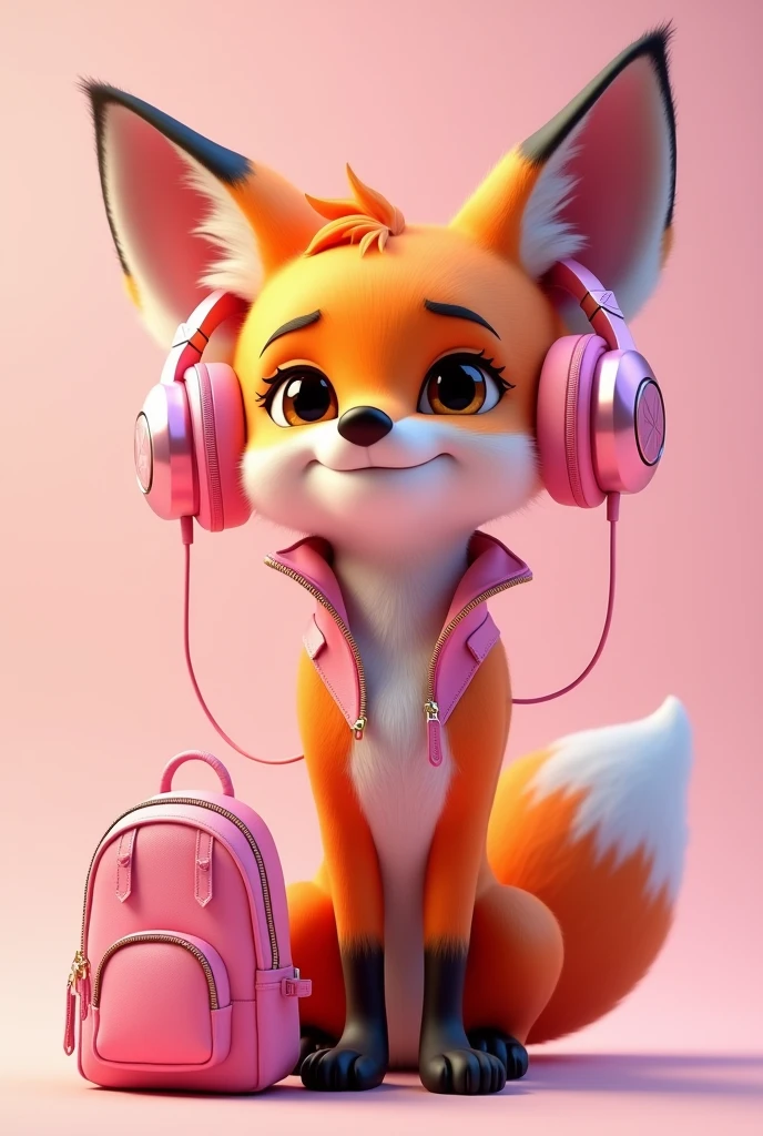 Create a 3D Disney Pixar style fox named Chic Fox. She must exude a modern personality, elegant and captivating, perfect for a section dedicated to accessories and fashion.

colors: Vibrant orange and white tones with pink accents and accessories to keep in line with the other mascots.

Accessories:

Headphone Type Earphone: A pair of modern headphones with pink ear pads and frames, casually positioned on the fox&#39;s shoulders. Design may include metallic finishes or subtle patterns, and the headphones can be slightly hanging to give a relaxed feel.
Modern Backpack: A stylish backpack in pink, with lighter pink or metallic details. May have elements such as shiny zippers, patches ou estampas fashion.
smartwatch: A modern smartwatch with a pink strap, visible on the fox&#39;s wrist, adding a touch of sophistication to the look.
vestimentas: A basic pink shirt, Woman&#39;s style, that complements the look in an elegant and modern way.

Expressions: confident grin, with an expression that conveys style and sophistication.

Activities and Poses:

Headphones over the Shoulders: The fox has the headphones casually resting on his shoulders, giving a sense of relaxed style. She might be adjusting her headphones or just showing them off..
Modelando a Mochila e smartwatch: Showing off the trendy backpack and smartwatch along with the pink shirt, showing how accessories combine harmoniously.
Style Tips: Pointing to a board with tips on how to choose and use accessories, how to combine headphones, backpacks and smartwatches for a modern and stylish look.
Interactivity on the Website:

Hover animations: Animated movements like adjusting the headphones over the shoulders, show the smartwatch in operation or interact with the backpack.
Fashion Messages: Friendly messages with tips on accessories, fashion trends and how to complement your look with style.
