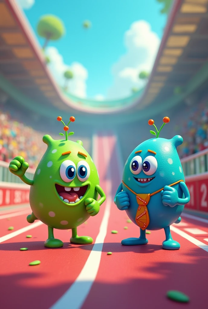 cartoon: "The Cell Race"
Panel 1:
(scenery: A cellular race track with two starting lines. myth, a green and energetic cell, and Meo, a blue and quiet cell, They prepare to compete. The referee, a cell nucleus with a DNA tie, is ready to give the starting signal.)
referee (Core): Attention, cells! The big division race is about to begin!