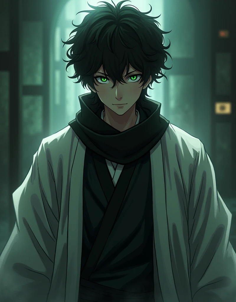 tasiho period Japanese man, dark aesthetic, moody, eerie, aura, menacing, intimidating, overwhelming presence, spiritual pressure, cool guy, stern look, short curly black hair,  four green eyes, black scarf, white haori, black undershirt