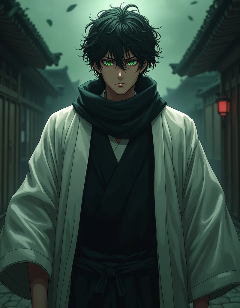 tasiho period Japanese man, dark aesthetic, moody, eerie, aura, menacing, intimidating, overwhelming presence, spiritual pressure, cool guy, stern look, short curly black hair, four green eyes, black scarf, white haori, black undershirt