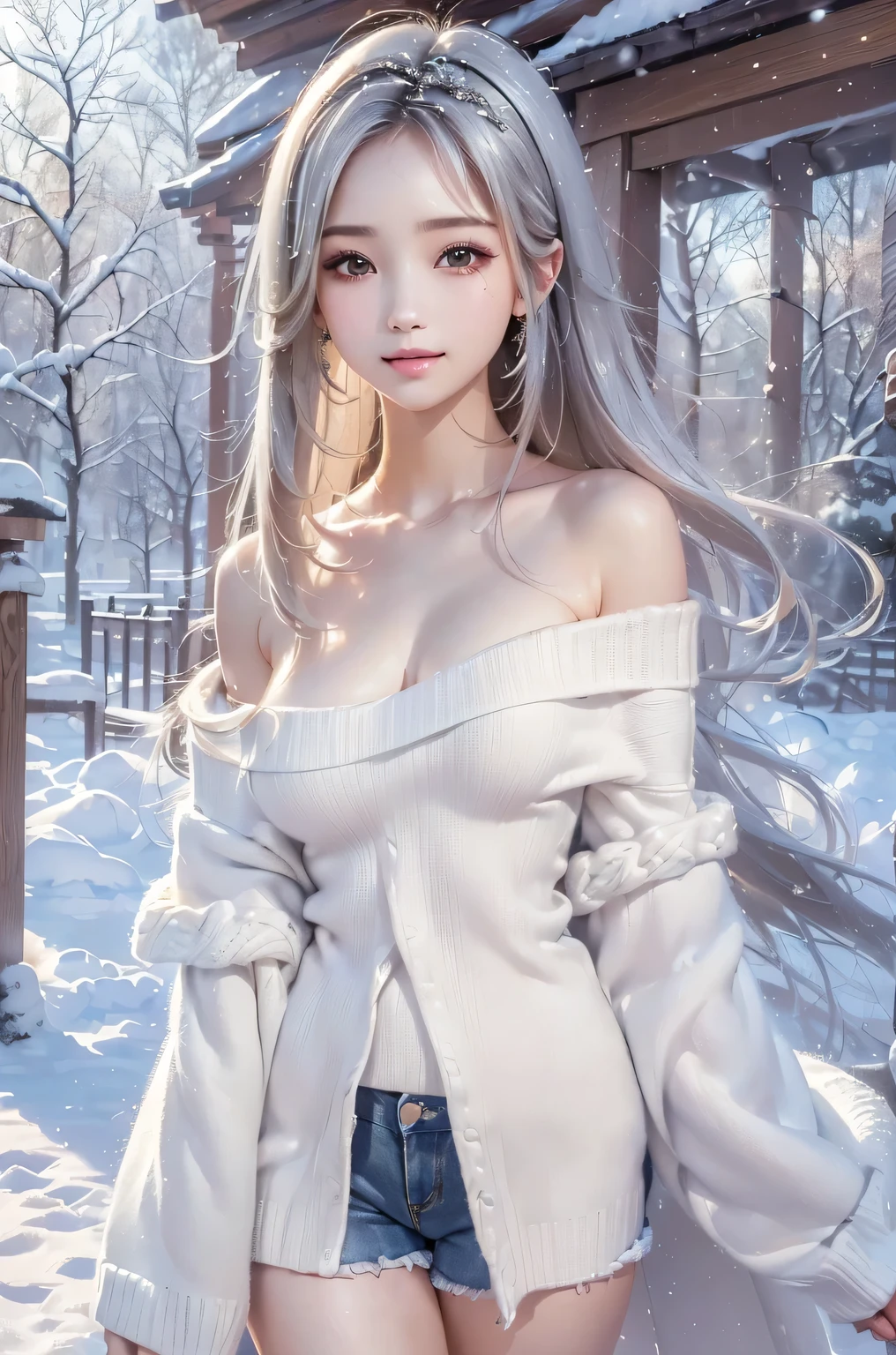 ((masterpiece:1.5、8k、Portraiture、Photorealistic and very detailed CG、Very detailed、Particle Effects、Dynamic Effects、Shallow depth of field、Cinematic Light、Lens flare、Ray Tracing、Tabletop、Realistic:1.4、Ultra-high resolution:1.2、Realistic、Realistic))((alone、 off shoulder knit sweater、Shorts、Elegant woman posing、Detailed face、brightexpression、young, bright, Whiter skin、Ample breasts、Best Looks、Ultimate beauty、Shiny silver hair with highlights、bright and shiny hair,、Super long, Silky straight hair、Hair dancing in the wind))(morning、The setting is outdoors in the snow、Surrounded by illuminations). from side:1.5
