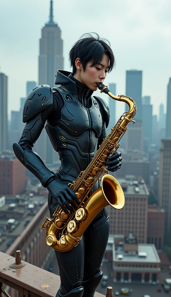 photo-realistic, ultra-realistic, very beautiful Japanese futuristic soldier, famous Japanese idol, 25 years old, dramatic scene, masterpiece, beautiful eyes, playing the sax at the top of the brooklyn bridge, skyscrapers, cyber punk mecha armor suits, dynamic pose, dynamic angle, standing on the dangerous edge