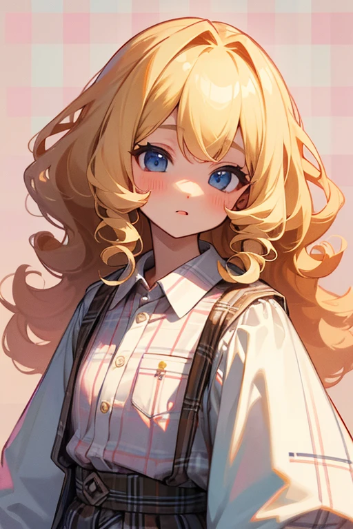 (Highest quality、Highest quality)、A white person with blonde curly hair, Cute clothes、、Plaid、