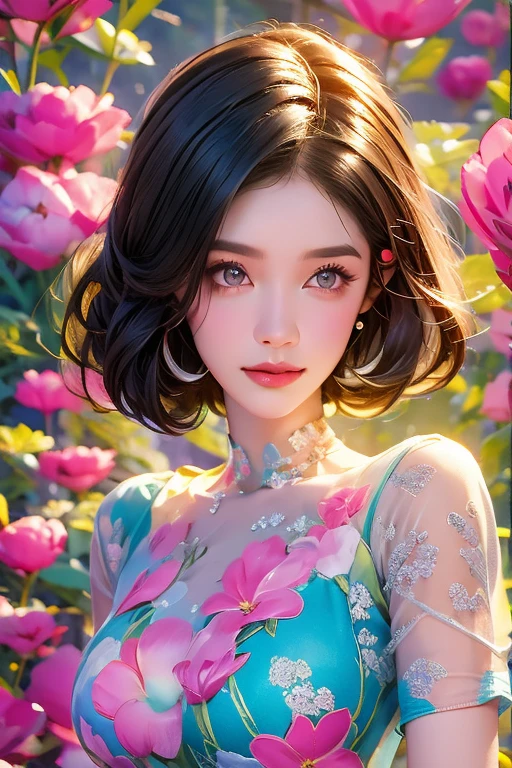 Absolutely absurd fantasy portrait of a charming girl, light, revealing dress with short sleeves ,silky soft short hair with bright decorations,The beauty stands on the flowers, bright colors .The details of the face are perfect.,Wow, the character details are so good ,fashion portrait,bright colors,abstract background,Delicate shine,Translucent molten glass ,Frosted glass,masterpiece, Best quality,, Hyperreal,realistic ,high detail,a high resolution . 35mm photography, movie, hips, professional, 4K, very detailed