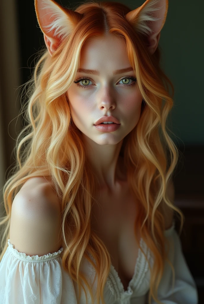 feline woman,beautiful delicate blonde, extremely sexy but discreet. piercing look,perfect long hair wavy straight and subtly orange at the ends like redhead. Adv9vada, decided determined , eyes with heterochromia Green and black