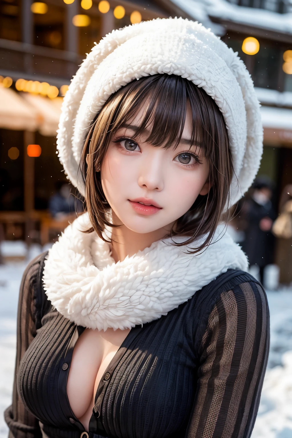 (masterpiece, Highest quality),One Girl, solo, Black-haired, scarf, hat, Realistic, Realistic, Looking at the audience, Light-coloured black eyes, Short brunette bob hair, Brown coat, Winter clothes, White headscarf, Lips, Bans, Plein Air, Mouth closed, Upper body、Big eyes、Eyelashes、((Beautiful landscape with sparkling snow))、(((Short bob hair with bangs、Shiny Hair、Big eyes、large full chest、Intensely accentuates the eyes、Staring at the audience、Beautiful beauty、Listen carefully、Long neck、Smile a little、Please close your mouth and laugh、Ideal body proportions)))、{huge|big|hugeな|Mega} chest:2, chestの谷間:2