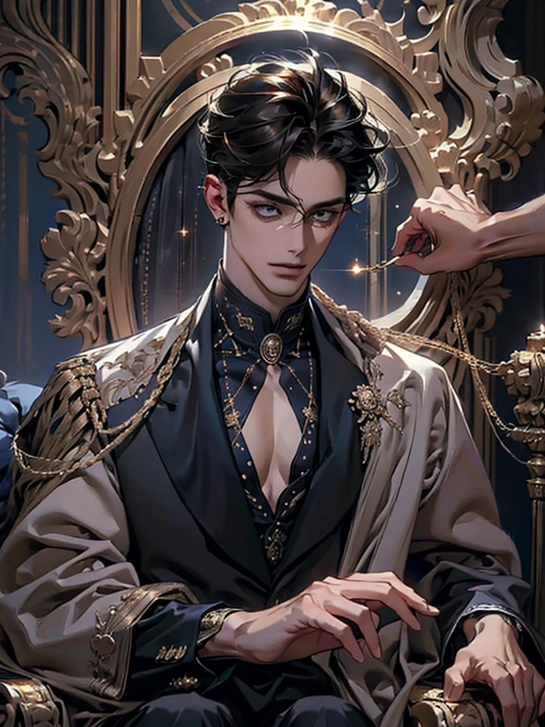lamplight, close-up cleavage, Handsome men, golden eyes, (Focus eyes, The eyes are bright), (focus face),(Focus clothing), (Focus gold accessories), Medium long black hair, ear piercings, medium skin, dark blue coat, Meticulous suit, gold accessories on clothes, dark blue ties (perfect anatomia:1.2), Highqualityshadow, natural lighting, (White highlights:1.2),overcast day, (starrysky), (shining), enchanted