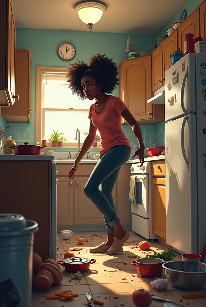 Generate an image of a black young lady finding it difficult to cook at the kitchen and the kitchen being a mess