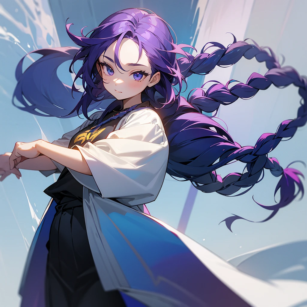 Young girl who has four arms, indigo hair tied in a single long braid, in casual clothes