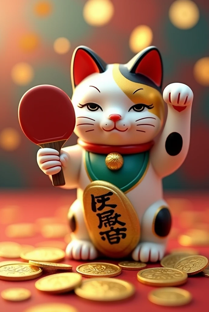 Maneki neko with ping pong paddle and gold coins 