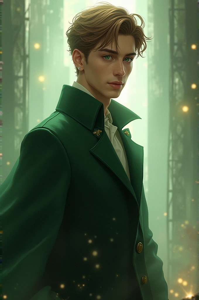 tall and thin young man, with light brown hair and green eyes. His appearance is attractive and his features reflect a mixture of gentleness and strength.. He is a character that stands out both for his appearance and for his magical abilities..