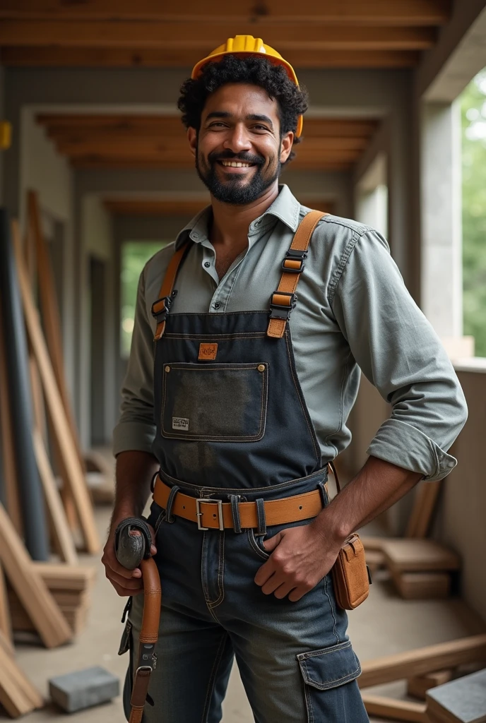 a master builder with curly black hair and dark brown eyes with a short beard and small teeth, that he is Chilean, dark-skinned, adult of 40 years old, without gray hair and with tighter skin