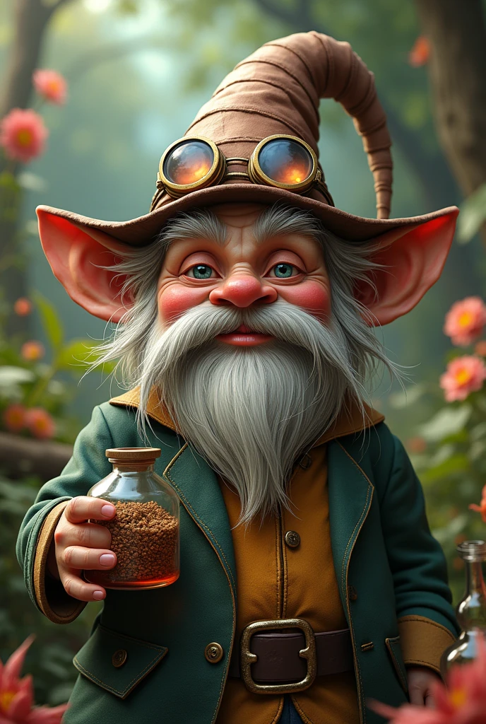 hyper realistic face, arafed gnome with a hat and goggles in a garden, portrait of a gnome called eldon, gnome illusionist, gnome, gnome druid, fantasy art smug smile man, darrell k sweet, an alchemist gnome, inspired by Ron English, adorable digital painting, todd schorr highly detailed, digital art, dwarf scientist of 1 9 century, gnomon, masterpiece, UHD, 18K