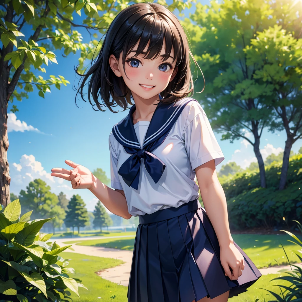 (1girl),a young girl in a sailor uniform with a pleated skirt, standing in a peaceful park under a blue sky with dappled sunlight, smiling with her mouth open to reveal her buck teeth, waving her hand to beckon the viewer, detailed skin with a sun-kissed glow, (best quality,4k,8k,highres,masterpiece:1.2),ultra-detailed,(realistic,photorealistic,photo-realistic:1.37),vibrant colors,soft lighting,detailed portrait,serene landscape
