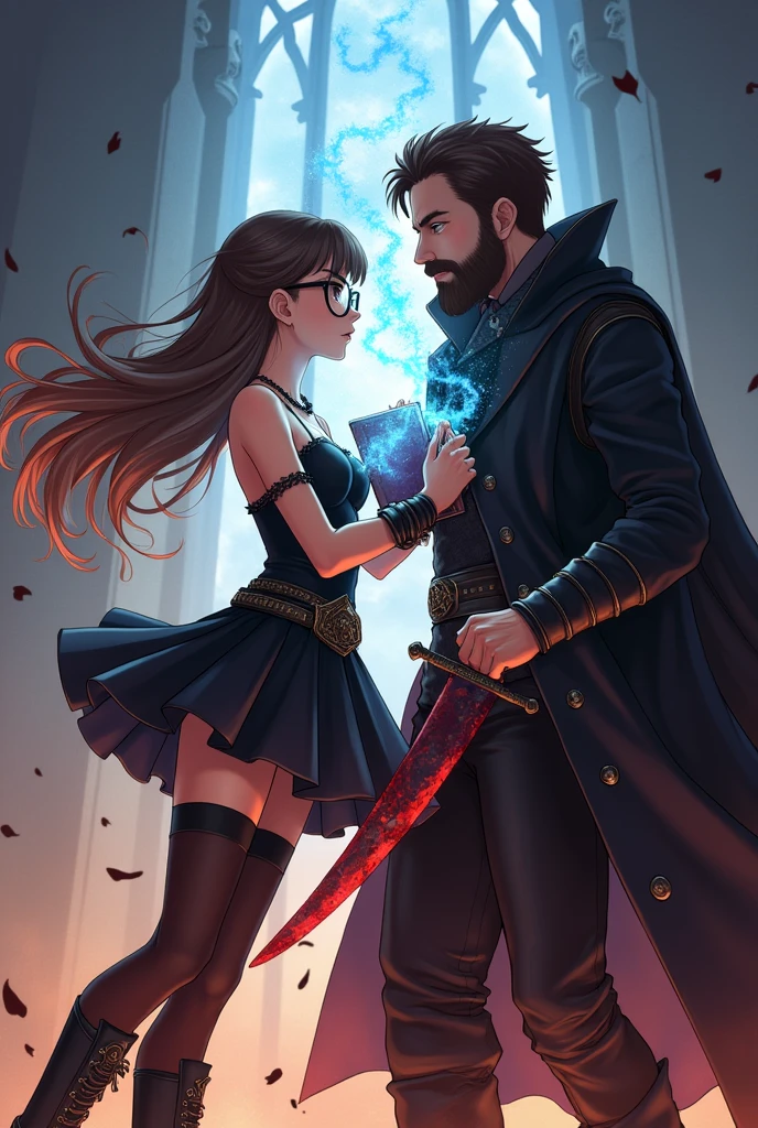 Caucasian female, アニメ, with long brown hair and bangs, round glasses, Eye Brown, espartilho preto, Black Skirt, black boot, black stocking, segurando um livro e usando magia ao lado de um um homem アニメ, with big beard, short straight brown hair, Eye Brown e sobretudo preto, with a bloody sword