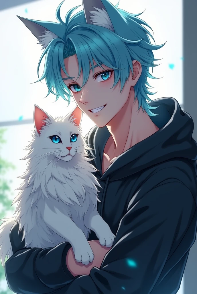 Một chàng trai tuấn tú, light blue hair masculine mulet hairstyle ,blue-green eyes with slightly black pupils, smile bright as sunshine, black hoodie outfit, holding a long-haired white cat, The boy with the wolf tail and ears is gorgeous.,