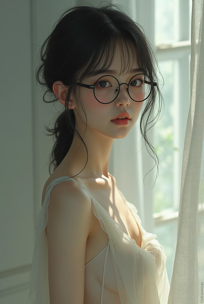 A girl with glasses and little clothing