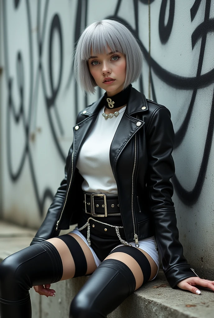 1 girl Assertive athlete, with amber eyes and platinum blonde spikes. Wears leather jackets, graphic tees, ripped jeans, and combat boots, a modern rebel. Discreet tattoos hint at her rebellious spirit, and short spiky hair adds to her bold appearance. Rei's piercing gaze and confident demeanor make her a formidable and intriguing character.
