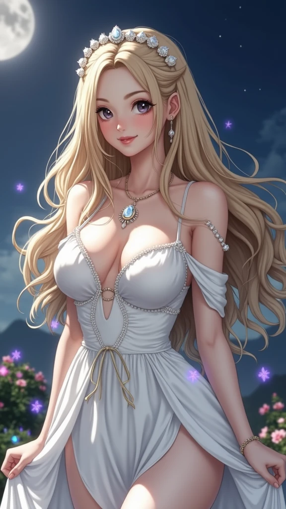 (masterpiece、Highest quality、8k、High resolution)、(One female、Beautiful Face、Beautiful eyes、Beautiful lips、Beautiful nose)、smile、The white upper teeth are faintly visible、Silver blonde medium hair、(The best girl in anime)、garden、blue sky、Colorful flowers are blooming、Vibrant colors、Red roses are beautiful、(Body、whole bodyから神秘的な光の粒子、Colorful light particles、A mysterious light glowing around the head)、melt、jewelry、necklace、dress、(whole body)、Highly detailed anime art、A complete portrayal、