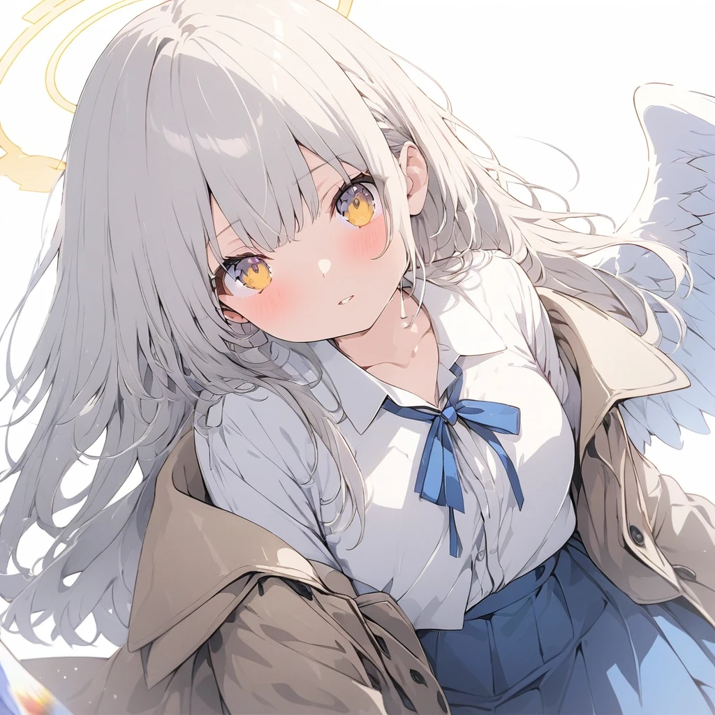 (((anime))) One standing angel,The angel has,Yellow angel halo,white large plumage (Gray Hair),Long Hair,Small red ribbon (Yellow Eyes),Put on a shiny beige coat,The front is free,A worn out dress shirt,Blue ribbon,Navy blue mini skirt White background,Red Rose,Blurred Masterpiece,Highest quality,Exquisite,8k,Absurd,Ultra-fine illustrations,(View your viewers)